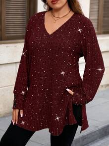 EMERY ROSE Camiseta casual y cómoda de manga larga con cuello en V, botones decorativos y estampado de salpicaduras de polvo de unicolor y acanalado para mujer de talla grande - Burdeos - Ver 5