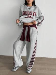 Aidyla Set de 2 piezas de sudadera y pantalón de chándal con rayas de contraste - Gris - View 6