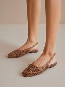 SHUZIA #OldMoney Women's Square Toe Pu Tan Woven Slingback Flats – Classic Coastal Chic & Breezy Comfort - Maroon - View 2