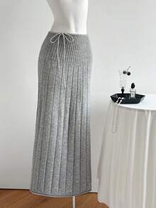 Elamini Women's Gray Wide Ribbed Long Side Tie Casual Fashionable Versatile Elegant Knit Skirt, Autumn/Winter - Grey - View 3