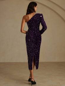 Revavyn 法式奢华优雅秋冬女装，天鹅绒点缀不对称单肩长袖高腰A字修身长裙，精致正式礼服，适合宴会、婚礼、派对等场合，腰部褶皱设计，泡泡袖，舒适针织内衬 - 中紫紅色 - 查看 2