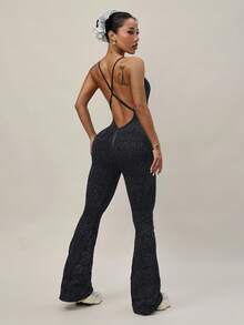 Dewbera Women's Fashionable Leopard Print Criss-Cross Backless Jumpsuit, Summer - Dark Grey - View 3