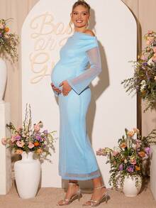 Loomaby Pregnant Women's Elegant Party Banquet Asymmetrical Neck Sheer Flare Sleeve Fitted Metallic Glitter Dress Dress Gender Reveal Dress Maternity Dress Baby Shower Dress Baby Blue Maternity Dress Pregnancy Photoshoot Dress Baby Shower Guest Outfit Light Blue Dress Light Blue Dress Curve - Blue - View 1