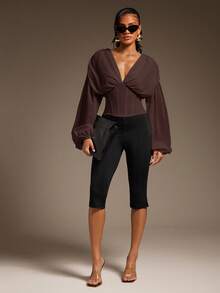 Hauture 女士性感柔软雪纺灯笼袖束身胸衣，浪漫优雅秋季款式 - 棕色 - 查看 5