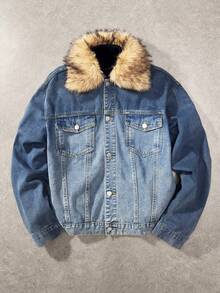 ROMWE MEN Men's Casual Patchwork Fuzzy Collar Ombre Denim Jacket, Autumn/Winter - Blue - View 1