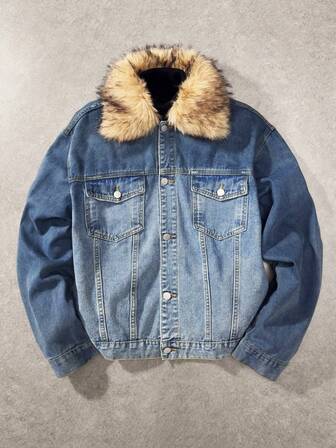Giacca di jeans casual da uomo con colletto in pelliccia, effetto sfumato, adatta per l'autunno/inverno