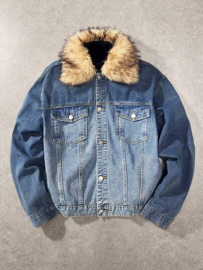 ROMWE MEN Men's Casual Patchwork Fuzzy Collar Ombre Denim Jacket, Autumn/Winter