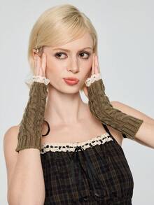 ROMWE Goth 1pair Women Solid Full Finger Gloves - Khaki - View 4