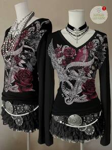 Attitoon Casual Retro Punk Style Faux Rhinestone Red Heart Rose Cross Graphic V-Neck Slim Fit Long Sleeve T-Shirt, Versatile For Airport , Vintage, Sexy, Cute, Y2K, Coconut Girl, Boho, Hippie Style, Music Festival, Graphic Tee Spring - White - View 7