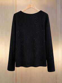 GlowEve Tricou damă cu guler rotund, mânecă lungă, nasturi în față, casual, versatil - Negru - Vizualizare 2