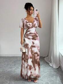 Elenzga Printed Random Cut V-Neck Ruffle Sleeve Cinched Waist Ruched Slit Dress, Elegant Bridesmaid Wedding Party Cocktail Holiday Gown