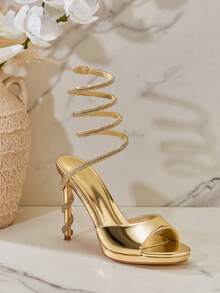 SHUZIA Fabulous Women's Black Gold Wrap Around Rhinestone Ankle Strap Heel, Round Toe Spring Summer Chic Holiday Shoes Valentine's Day - Gold - View 6