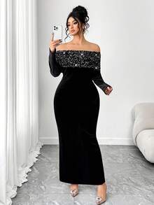 Elenzga Váy maxi dài tay trễ vai bằng nhung đen đính sequin cỡ lớn dành cho nữ, váy dài tay trễ vai bằng nhung đính sequin vá, kiểu dáng cổ điển thanh lịch quyến rũ, kết hợp gợi cảm và thanh lịch, phù hợp cho dạ tiệc, tiệc trang trọng, lựa chọn của Nữ hoàng tiệc tùng - màu đen - Xem 8