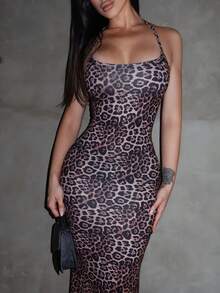 Shopreo Women's Leopard Print Mermaid Hem Fitted Elegant Halter Neck Dress Maxi Women Outfit - Rust Brown - View 4