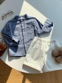 2pcs Set Young Boy Casual Cute Versatile Blue Long Sleeve Shirt & Elastic Waist Shorts Set, Suitable For Birthday Party, Rave, Evening Party, Performance, Wedding, Baby Shower, Christening, 1st Birthday Celebration, Wedding Guest, Baby Shower Christening Outfit Boys 2 Pieces Set Boys Summer Outfit Boys Shirt Shorts Set Boys Semi Casual Set Light Blue Boys Sky Blue And White Sets - Multicolor - View 6