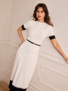 Lilora Vestido de punto de manga corta ajustado con bloqueo de color elegante, conjunto de ropa sofisticada y elegante para mujer de otoño/invierno a primavera/verano - Blanco y Negro - Ver 10