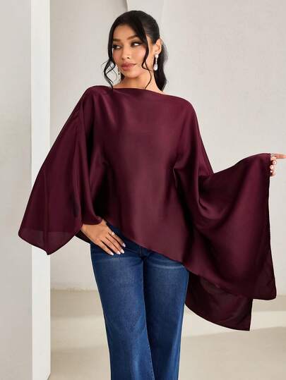 Veilorie Women's Solid Color Boat Neck Elegant Front Short Back Long Cape Sleeve Shirt