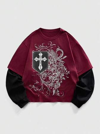 Street Life Herren Langarm T-Shirt mit Kreuz-Muster, Kontrastfarben-Patchwork und Rundhalsausschnitt