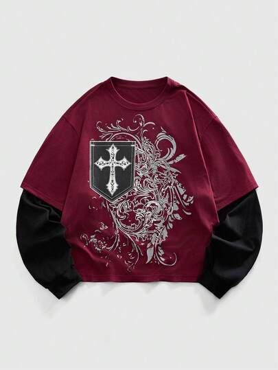 Street Life T-shirt à manches longues col rond pour hommes avec imprimé croix, couleurs contrastées et patchwork