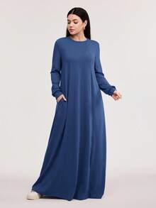 Veilorie 女士休闲纯色长款阿拉伯风格连衣裙，春秋季节，朴素长袖连衣裙，非常适合海滩/休闲/度假/家居服/日常穿着 - 藍色 - 查看 3