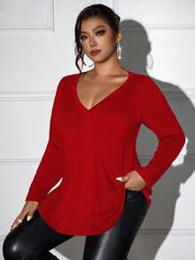 Femmeverse Camiseta casual de manga larga con cuello en V de un solo color para tallas grandes, para primavera - Rojo - Ver 5