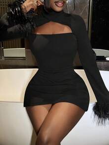 Slaydiva Váy dài tay hở vai bằng lông giả màu trơn gợi cảm dành cho nữ - màu đen - Xem 3