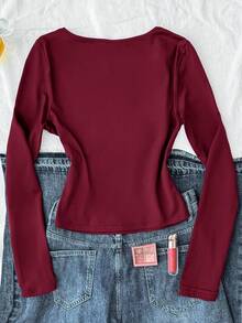 酒红色针织褶皱胸部蕾丝边修身长袖休闲T恤上衣，适合青少年女孩 - 酒紅色 - 查看 2
