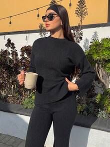 Andrea Bello Women's Solid Color Long Sleeve Sweater And Knitted Pants Set Fall Winter Cloth For Women - Black - View 5