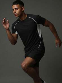 SUMWON Camiseta deportiva de manga corta con bloques de color y paneles laterales contrastantes, cuello redondo para entrenamiento deportivo y gimnasio