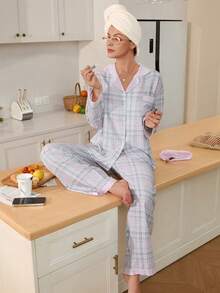 Doze Lane Women Pink Plaid Bubble Crinkle Long Sleeve Pajama Set Sleep Wear, Winter Clothes - Multicolor - View 3