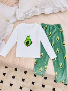 SHEIN Flannel Avocado Print Cozy Pajama Set For Big Girls - Green - View 5