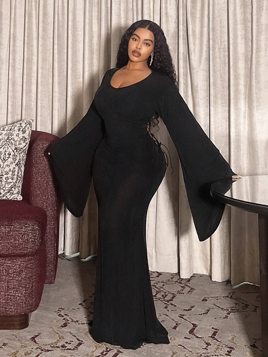 Slaydiva Autumn Elegant Black Formal Evening Plus Size Maxi Dress, V-Neck Cutout Tie-Up Shiny Knit Stretchy Gown For Wedding, Party & Birthday, Valentine - Black - View 1