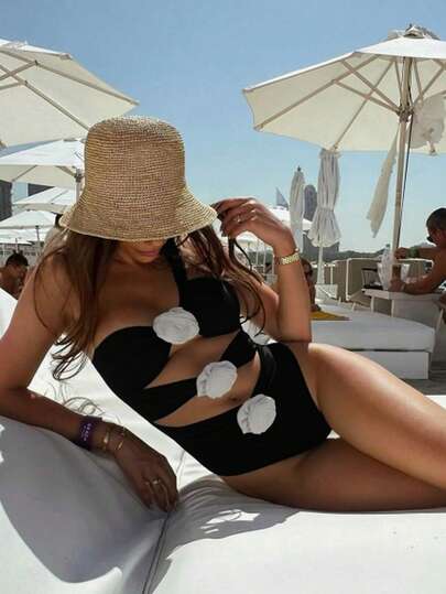 Swim Chiccia Knitted Floral Solid Color Sexy Wireless Bikini Set, Elegant Summer Women's Swimsuit For Holiday Party, Beach One Piece Swimsuit Black Swimsuit Vacation Black And White Swimsuit Cutout One Piece Swimsuit