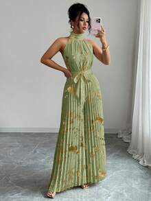 Elenzga 万圣节服装 无袖荷叶领优雅浪漫精致女士阔腿连体裤 - 綠色 - 查看 5