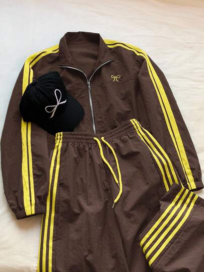 Comfortcana Women's Casual Fashion Street Chic Collegiate Sports Style Bow Embroidery Contrast Striped Side Zip Up Jacket And Drawstring Waist Wide Leg Pants Set, Spring/Autumn Brown 2 Piece Set Y2k Outfit Y2k 2 Piece Set Track Suits