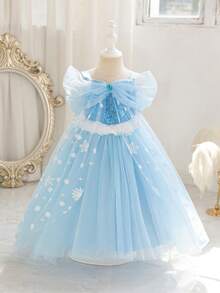 Glamorique Kids Princess Dress, Christmas Young Girl Dress, Party Wear, Santa Dress, New Year's Dress, Winter Clothes For Children, Birthday Party Ball Gown, COS Princess, Blue Mesh, Snowflake Print, Ombre Print, With Cape, Stage Performance, Middle Eastern, Luxurious Dress, Autumn/Winter New Arrival - Blue - View 3