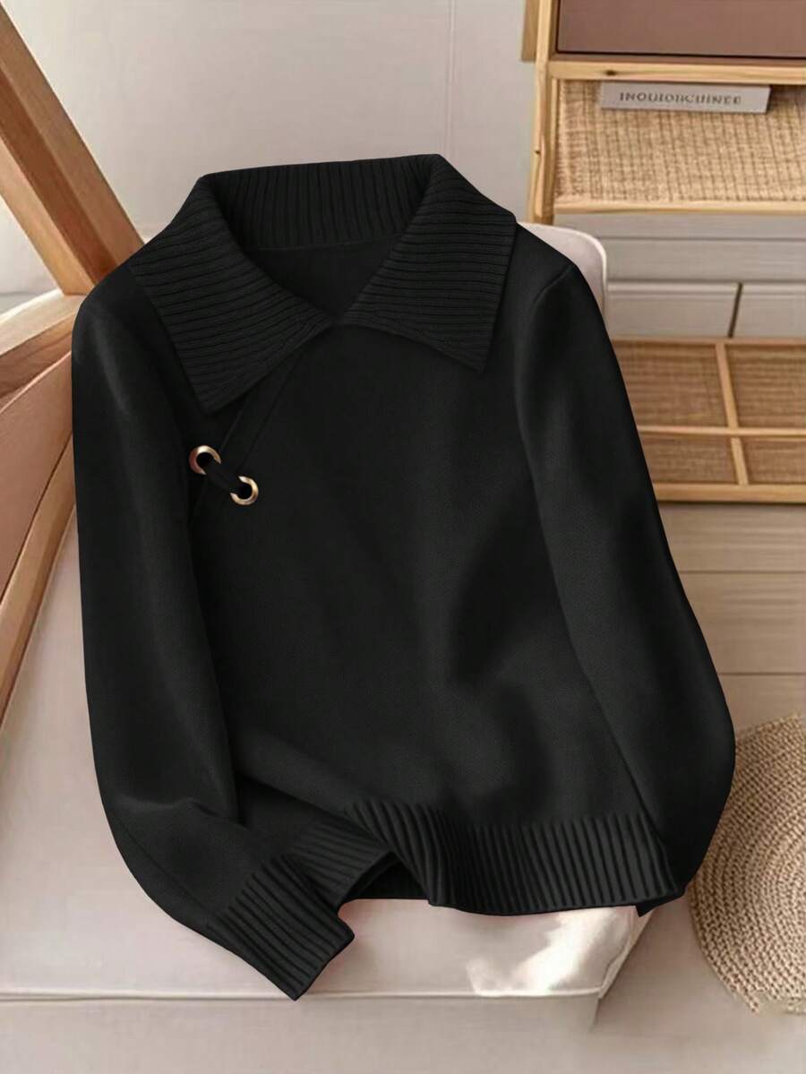 GlowEve Áo len nữ cổ bẻ cài khuy kim loại bên hông thời trang đa năng - màu đen - Xem 1