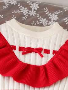 SHEIN Young Girls Ruffled Collar Bow Knitted Sweater Dress, Soft Thick Fabric, Suitable For Home, Outings, Parties, Autumn/Winter - Red - View 3