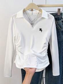 INAWLY Polo 领女式骑士印花收腰修身长袖白色 T 恤，适合秋季，新款，时尚 T 恤，节日礼物，送给兄弟姐妹的礼物，送给姐妹的礼物，送给妈妈的礼物，母亲节礼物，休闲，简约，时尚上衣 - 白色 - 查看 3