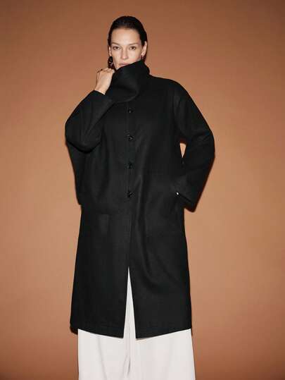 Lumivelle 女士优雅简约围巾领宽松羊毛大衣，秋冬款