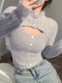 DAZY 纯色纽扣前开襟蓬松针织毛衣，长袖上衣，秋季女装