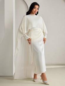 Veilorie Women's Solid Color Ruched Elegant Long Sleeve Arabic Dress - Beige - View 12