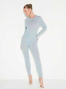 KIZN Quần legging dệt kim lưng cao có họa tiết logo nhỏ, thoải mái mặc hàng ngày - Xám - Xem 4