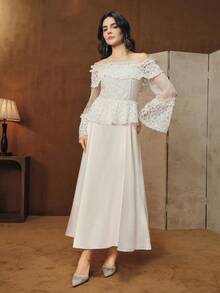Anewsta Nouvelle arrivée pour le printemps Robe évasée élégante à épaules dénudées, style vintage de palais avec un patchwork de dentelle florale. Convient pour les femmes, le printemps, la Saint-Valentin - Nude - Voir 3