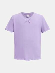 Conjunto de pijama de verão para menina, casual, de cor sólida, com blusa de manga curta e calça.