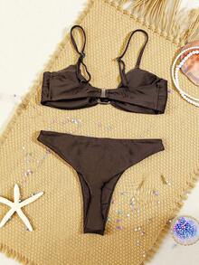 Swim SXY Women's Solid Color Metallic Fabric Spaghetti Strap Clasp Decor Casual Sexy Beach Bikini Swimwear Set, Spring/Summer - Brown - View 2