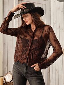 Wildy Women's Casual Country Style Lace Semi-Sheer Long Sleeve Basic Blouse - Rust Brown - View 4