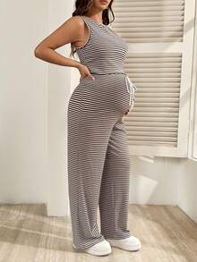 SHEIN 2件套孕妇休闲条纹吊带背心和裤子套装，夏季 - 棕色 - 查看 7