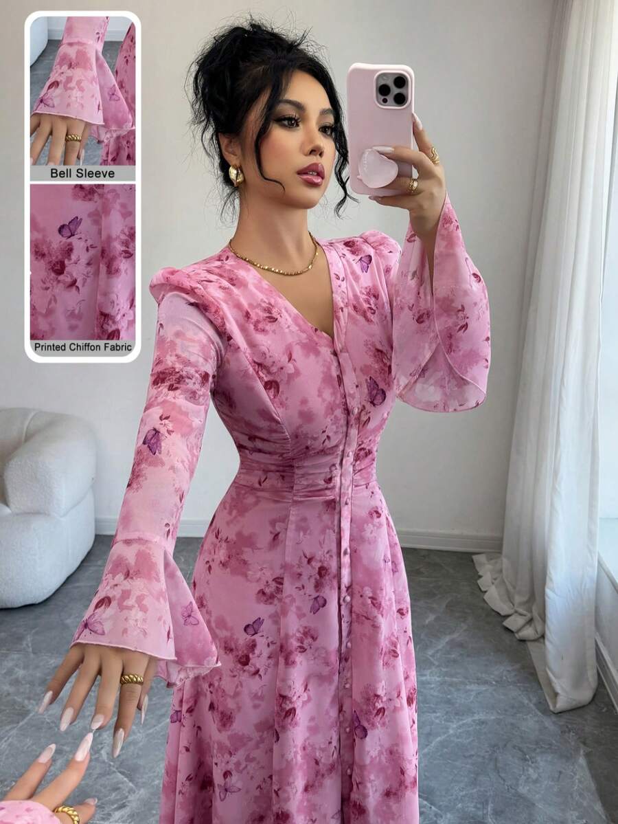 Modelyn Women's V-Neck Ruched Flare Sleeve Dress - Multicolor - View 1