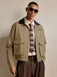 SWAVVY Men's Woven Casual Loose Fit Patchwork Open Front Jacket - Khaki - View 6